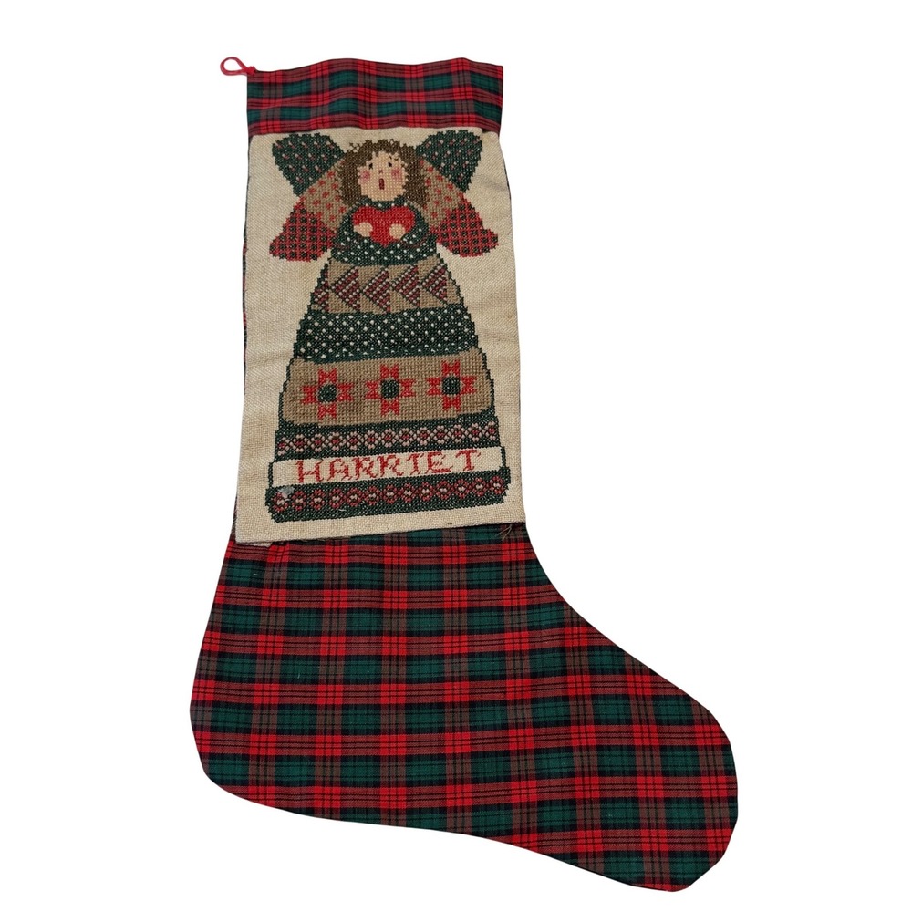 Handmade Harriet Personalized Cross Stitch Angel Plaid‎ Christmas Stocking plaid